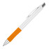 A ballpoint pen with a white barrel, orange grip, and silver accents, featuring a brand logo.