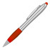 A silver ballpoint pen with an orange rubber grip and stylus tip. It features a clip and branding.