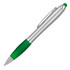 A silver ballpoint stylus pen with a green rubber grip and a matching green stylus tip, featuring a logo.