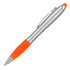A ballpoint stylus pen featuring a silver barrel and an orange rubber grip with a logo.