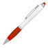 A ballpoint pen stylus with a white barrel, silver accents, and an orange rubber grip and tip. It has a branding logo.