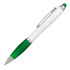 A ballpoint pen with a white body and green accents, featuring a stylus tip and a silver clip.