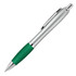 A silver ballpoint pen with a green silicone grip and a metal clip, featuring a branding logo.