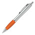 A silver ballpoint pen with an orange silicone grip and a metal clip, featuring a logo.