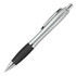 A silver ballpoint pen with a silicone grip and chrome accents, featuring a clip and a logo.