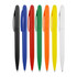 A collection of ballpoint pens in black, blue, red, green, orange, yellow, and white, displayed in a row.