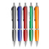 A set of five transparent ballpoint pens in black, blue, red, green, and orange, with silver accents and a logo.