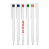 A collection of white ballpoint pens with coloured accents in black, blue, green, red, and orange, featuring a logo.