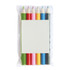 A pouch containing six half-length colouring pencils in green, pink, red, yellow, blue, and black, with a blank label.