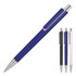 A ballpoint pen in a deep blue colour, featuring a silver clip and tip. Additional pens in black, blue, and white are shown.