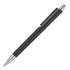 A black ballpoint pen with a silver clip and tip, featuring a smooth, curved design and a simple logo.