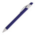 A ballpoint pen with a blue body and silver clip. It features a branding logo on the side.