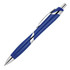 A blue ballpoint pen with silver accents and a clip, featuring a sleek, curved design. It has a logo on its body.