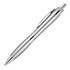 A silver ballpoint pen with a sleek design and chrome accents. The pen features a clip and is glossy.