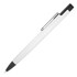 A ballpoint pen with a matte white body and black accents, featuring a clip and a logo.