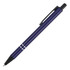 A blue metal ballpoint pen with a black clip and two silver stripes along the barrel, featuring a logo.