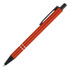A metal ballpoint pen in vibrant orange with black accents and a clip, featuring a branding logo.
