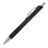 A black ballpoint pen with a metallic finish and a textured grip, featuring a silver clip and trim.