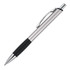 A metal ballpoint pen with a silver body and black rubber grip, featuring a clip and chrome accents.