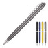 A metal ballpoint pen in grey with a silver accent, accompanied by black, blue, and yellow variations.
