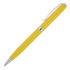 A yellow ballpoint pen with a sleek design and silver accents, featuring a clip and ribbed texture.