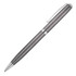 A grey metal ballpoint pen with a sleek design and a silver clip, featuring a branding logo.