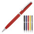 A red ballpoint pen with a chrome clip and detailing, accompanied by pens in black, blue, yellow, and grey.