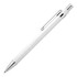A sleek white ballpoint pen with chrome accents and a clip, featuring a textured grip and a logo.