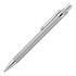 A silver matte ballpoint pen with a chrome clip and accents, featuring a textured grip and branding.