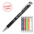 A metal ballpoint executive pen in black with a silver clip, featuring various colourful options behind it.