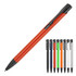 A metal ballpoint pen in orange with black trim, displayed alongside pens in multiple colours, including black, blue, green, and white.