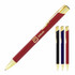 A ballpoint pen with a matte finish in red and gold trim, alongside black and purple counterparts. Features a logo.