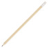 A natural wood pencil with a silver eraser at the end, featuring a sharpened tip and a smooth finish.