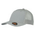 A grey trucker cap with a mesh back and a logo on the side.