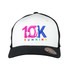 A white and black trucker cap featuring a multi-coloured logo with the text "10K RUNNING." It has a mesh back.