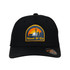 A black trucker cap featuring a logo with a sunset, windmill, and text, "Meat & Co".