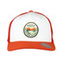 A white and orange trucker cap featuring a round logo with a mountain design. 