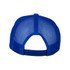 A blue trucker cap featuring a mesh back and an adjustable strap. Branding is present on the cap.