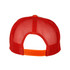 A red trucker cap featuring a mesh back and an adjustable snap closure. It has a logo on the front.