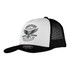 A black and white trucker cap featuring a logo and a design related to motorcycles.