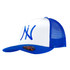 A blue and white trucker cap featuring a logo on the front and a mesh back.