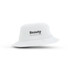 A white terry towelling bucket hat featuring a branding logo. Suitable for leisure and outdoor activities.