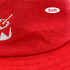 A red terry towelling bucket hat featuring a small logo, designed for leisure and outdoor activities.