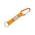 A yellow fabric keyring with an orange carabiner and a metal attachment plate. The keyring has a logo.