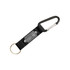 A black carabiner keyring featuring a sturdy clip and a strap with a logo attachment.