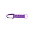A purple carabiner keyring with a fabric strap and metal ring, featuring a logo on the strap.