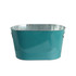 A teal oval ice bucket with a metallic inner lining and side handles. It includes a logo.