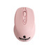 A pink wireless mouse with a logo, featuring a scroll wheel and two buttons on top.