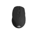 A black wireless mouse with two buttons and a scroll wheel. Features a logo on the base.
