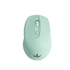 A wireless mouse in a soft mint green colour with a logo on the base. The design features a scroll wheel and buttons.